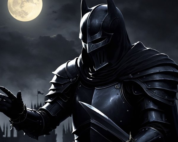Armored figure under full moon in dark night scene
