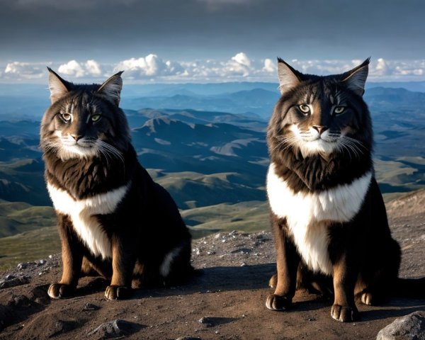 Maine Coon Cats on Rocky Outcrop with Scenic Landscape
