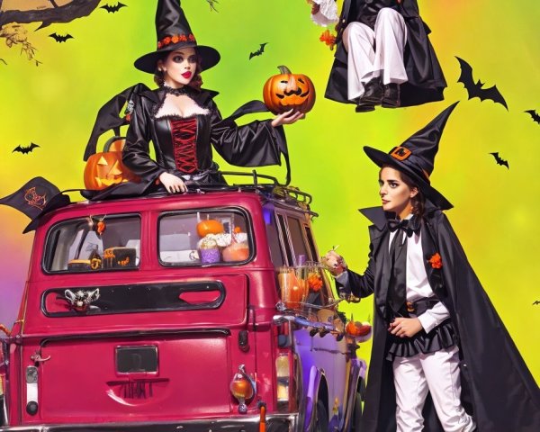 Halloween Scene with Children Dressed as Witches