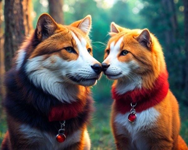 Two Dogs with Orange and White Fur in Forest Setting