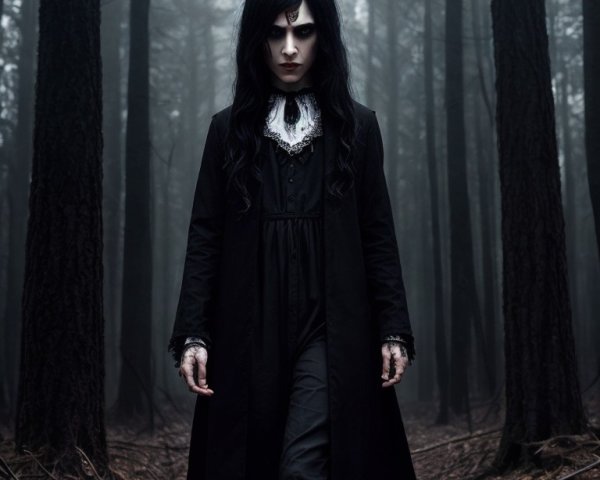 Gothic Figure in Foggy Dark Forest Setting