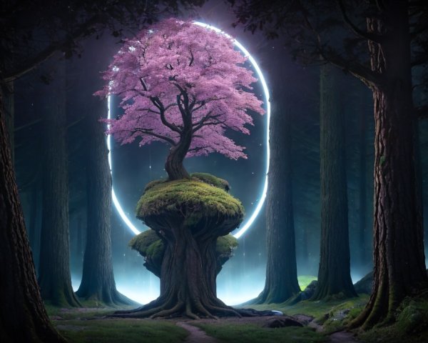 Vibrant Pink Tree in Ethereal Forest Setting