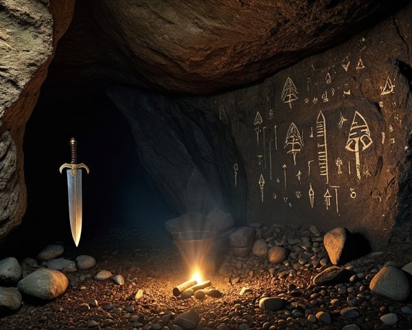 Ancient Rock Carvings and Gleaming Sword in Cave