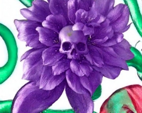 Purple Flower with Skull Surrounded by Green Vines
