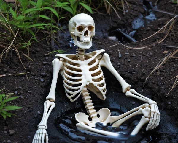 Skeleton in Muddy Ground Surrounded by Greenery