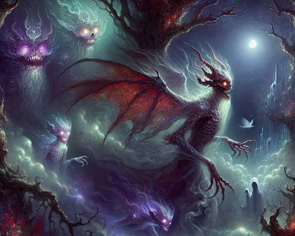 Ethereal Scene with Sinister Figure and Ghostly Entities