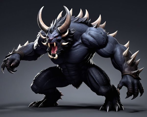 Fierce Muscular Creature with Dark Skin and Red Eyes