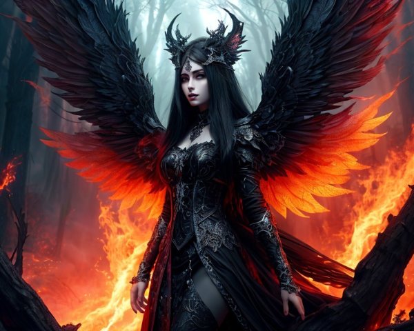 Ethereal Figure in Black Armor with Fiery Wings
