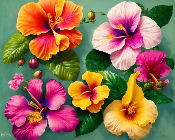 Vibrant Artwork Featuring Colorful Hibiscus Flowers