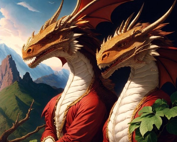 Dragons in Red Robes Against Majestic Mountain Landscape