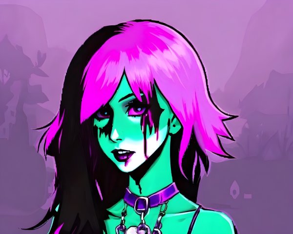 Stylized character with pink hair and greenish skin