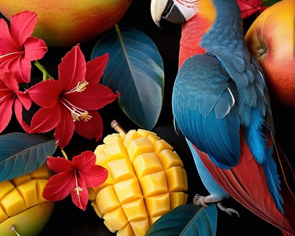 Vibrant Parrot Among Mangoes and Hibiscus Flowers