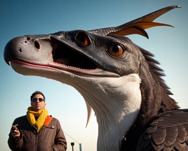 Person Poses with Detailed Dragon-Like Creature