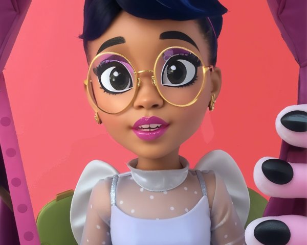Stylized doll with expressive eyes and trendy outfit