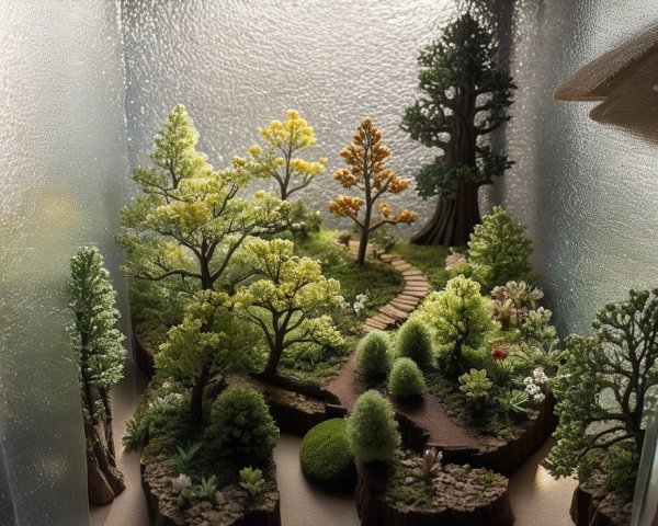 Miniature Forest Scene in Glass Box with Lush Vegetation