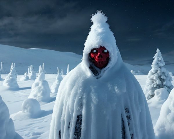 Cloaked Figure in Surreal Winter Landscape with Mask