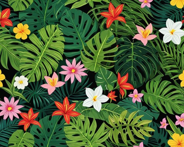 Vibrant Tropical Pattern with Green Leaves and Flowers
