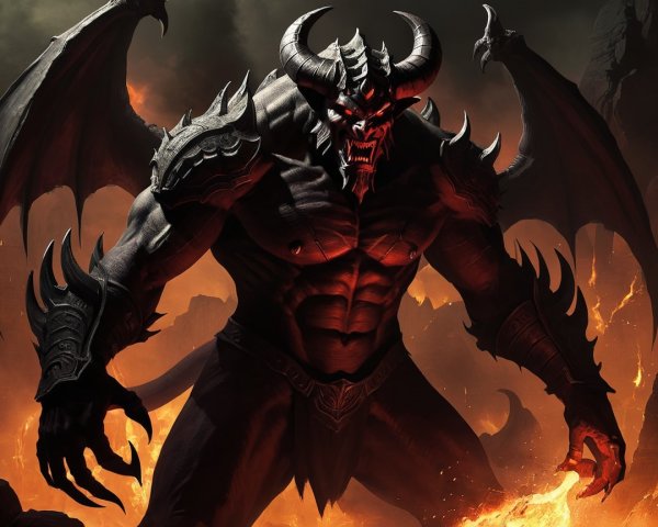 Muscular Demon in Fiery Landscape with Bat-like Wings