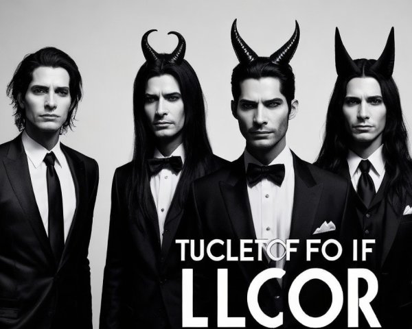 Four Men in Tuxedos with Horns Against White Background