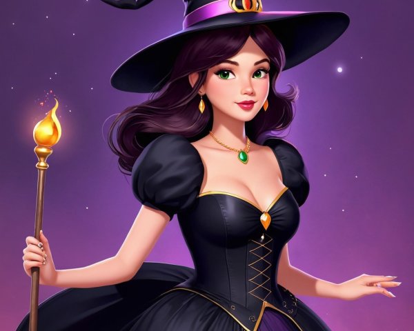 Stylish Witch in Chic Black Dress with Glowing Staff