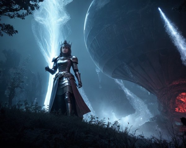 Mystical Landscape with Armored Figure and Glowing Staff