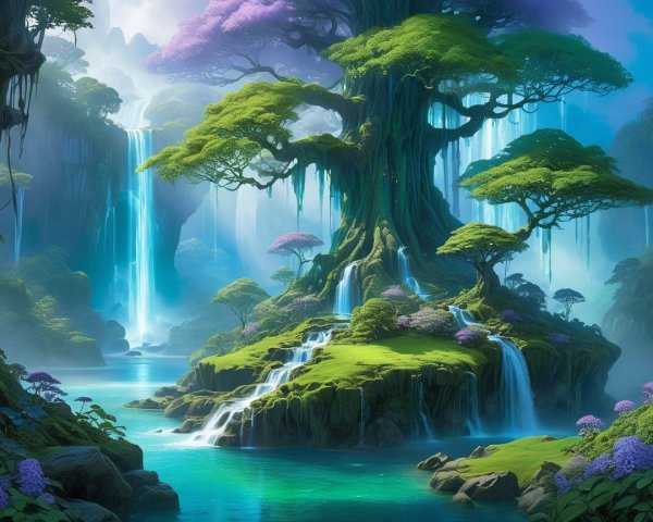 Fantasy Landscape with Ancient Tree and Waterfalls