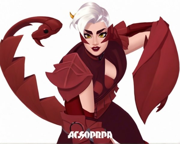 Bold character design with scorpion tail and armor