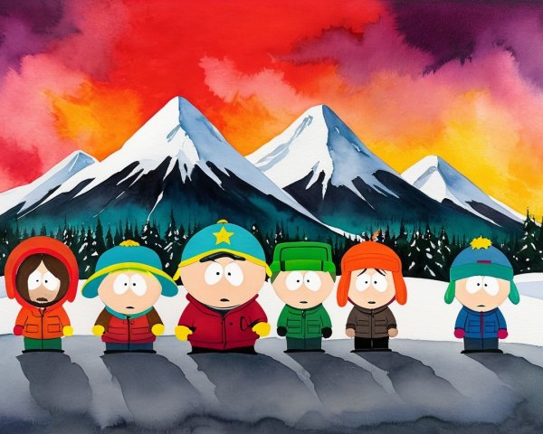 Winter Landscape with Colorful Characters on Snowy Path