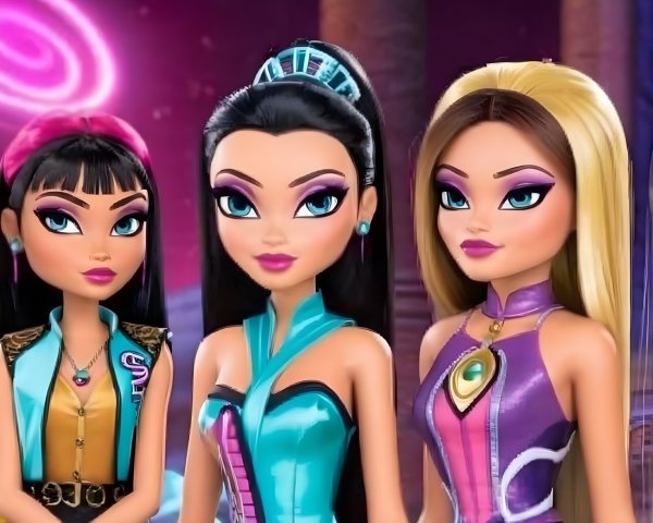 Stylized dolls in vibrant outfits with unique hairstyles