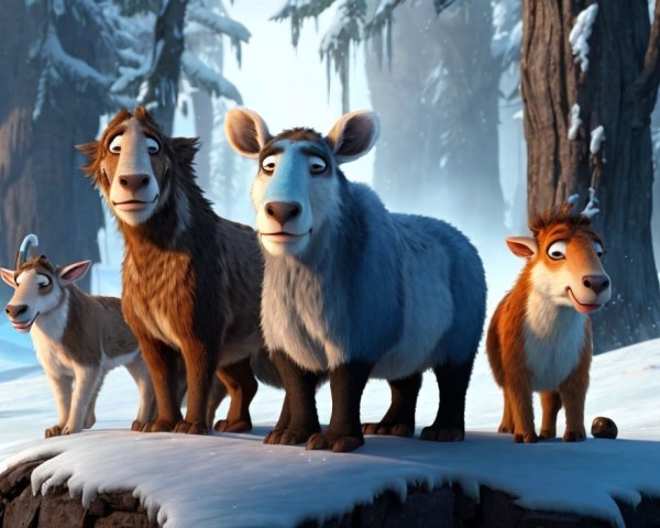 Animated Animals in a Snowy Forest Scene
