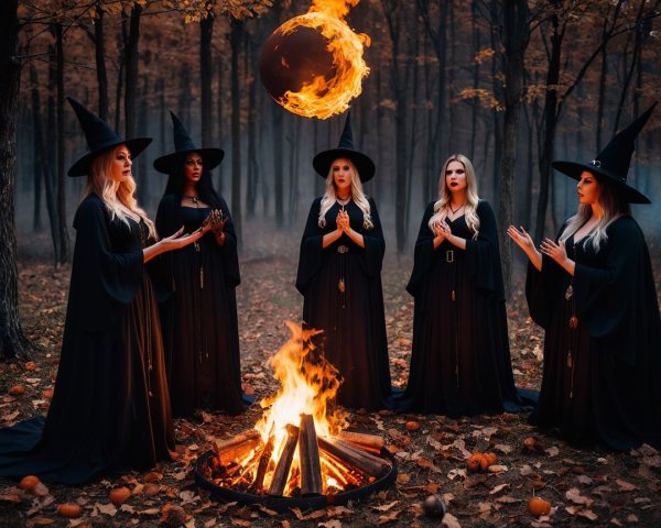 Witches Casting Spells by a Campfire in Twilight Forest