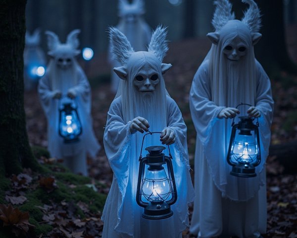 Eerie Figures in a Misty Forest with Lanterns