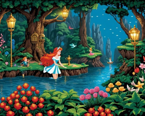 Magical Forest Scene with Young Girl and Lanterns