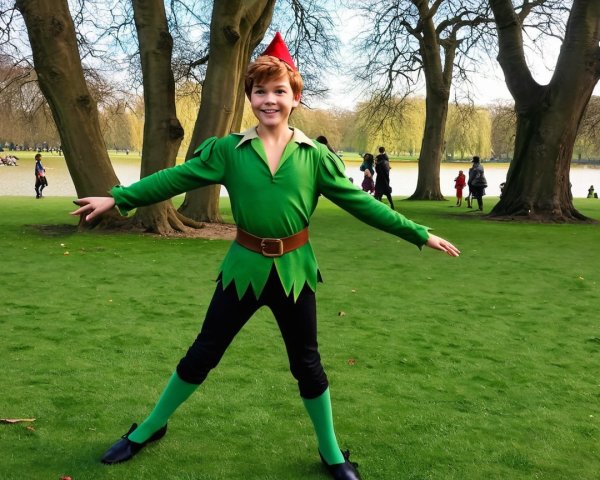 Young Boy in Peter Pan Costume on Green Lawn