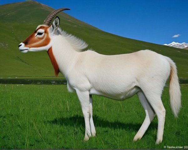 White Antelope in Lush Green Meadow with Blue Sky