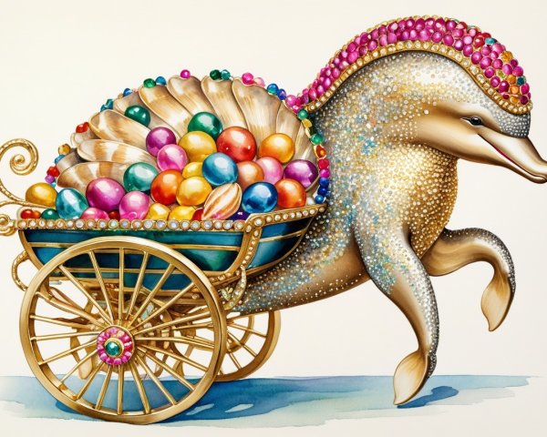 Whimsical Golden Dolphin with Ornate Egg Cart