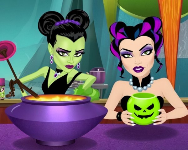 Spooky Animated Characters with Cauldron and Drinks