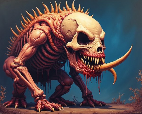 Grotesque creature with skeletal structure and spines