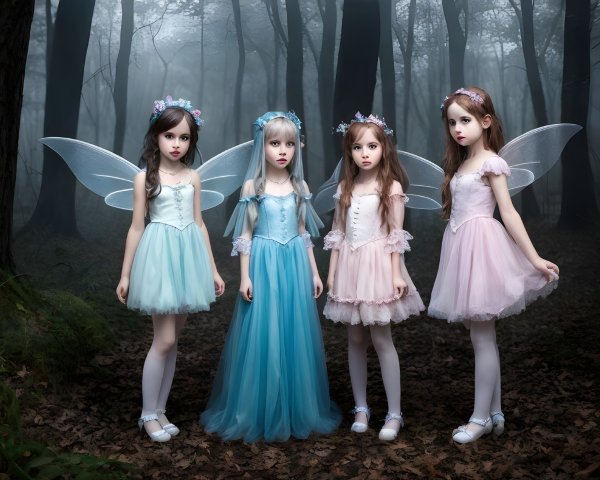 Three Girls in Fairy Costumes in a Misty Forest