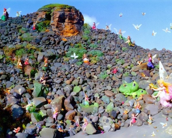 Whimsical Fairies and Frog on Rocky Hillside Scene