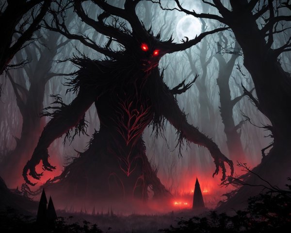Menacing Figure in a Dark Foggy Forest Scene