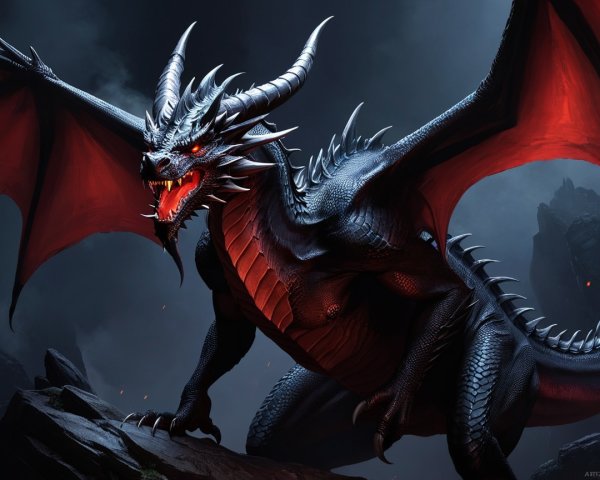Majestic Black Dragon on Rocky Outcrop at Twilight