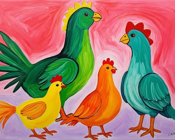 Whimsical Painting of Colorful Chickens on Vibrant Background