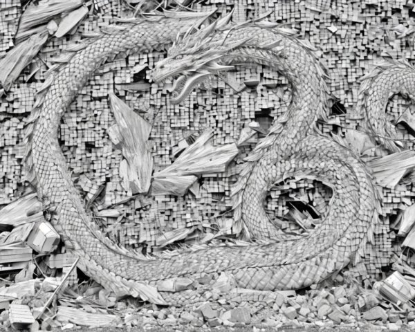 Intricate Dragon Carving on Textured Surface with Wood