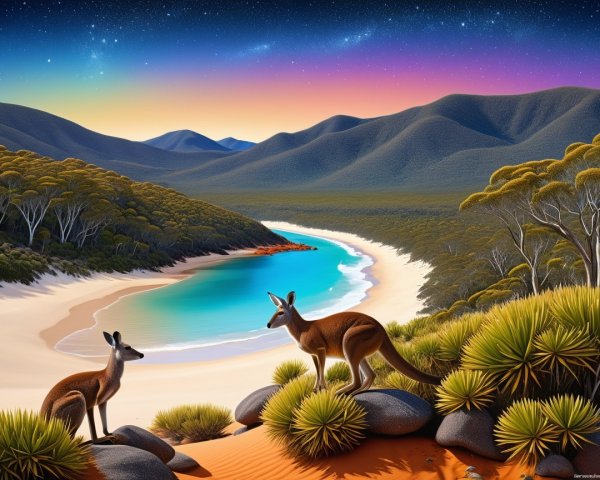 Kangaroos Overlooking a Tranquil Beach Landscape