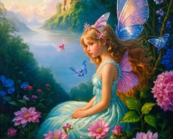 Young girl with butterfly wings in a floral fantasy scene