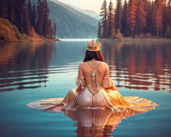 Woman in Golden Gown by Tranquil Lake and Mountains