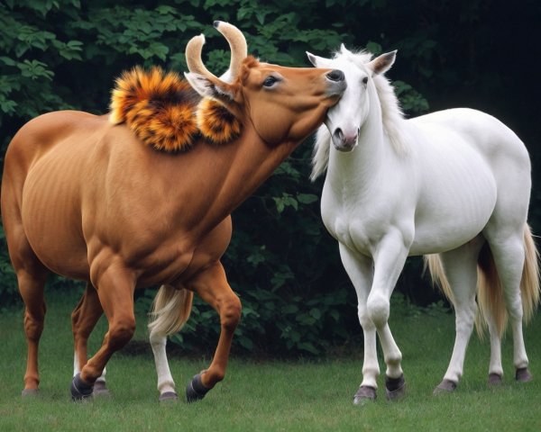 Playful Cow and White Horse in Pastoral Scene