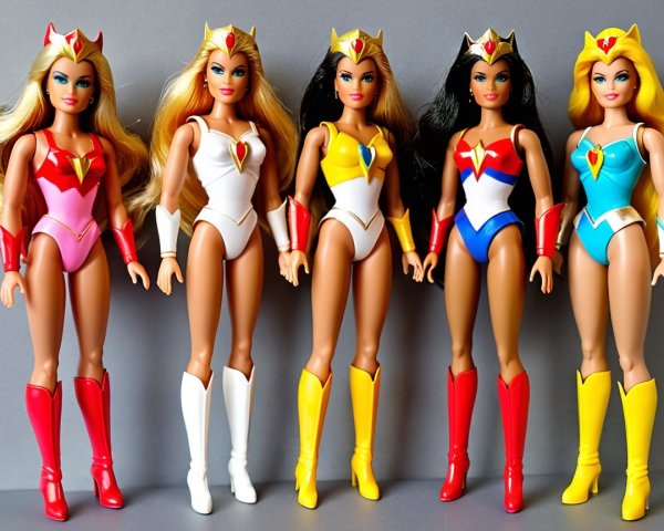 Five Colorful Superhero Dolls in Bodysuits and Crowns