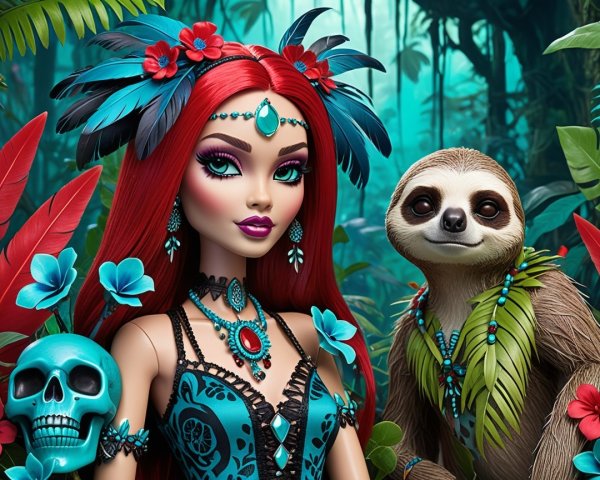 Vibrant Jungle Scene with Doll and Sloth Companion